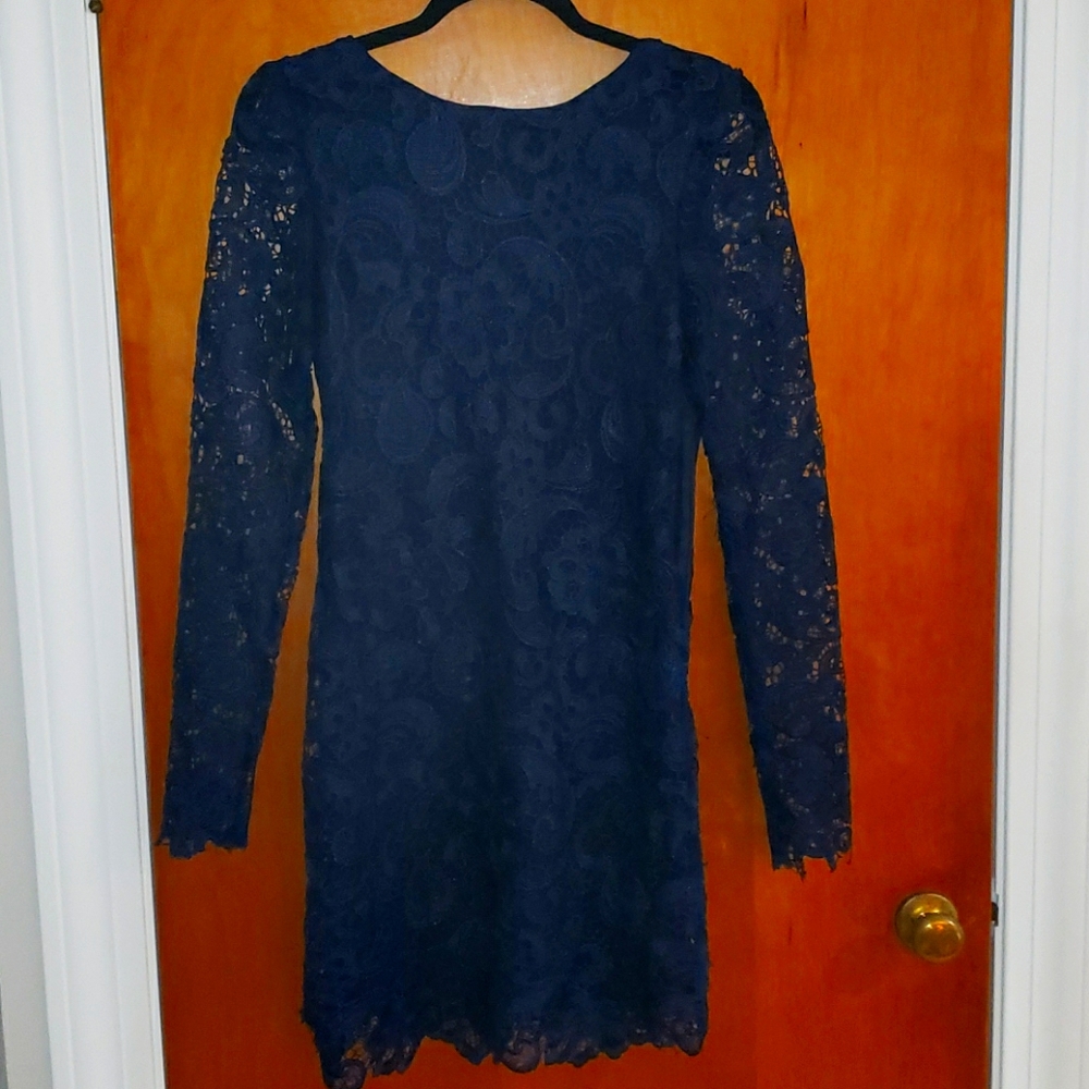 Navy open back lace dress
